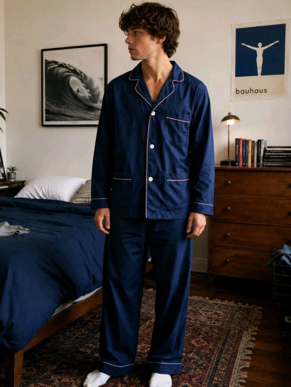 Vintage Y2K Christian Dior Monsieur Navy Blue Piped Pajama Set Size M Luxury